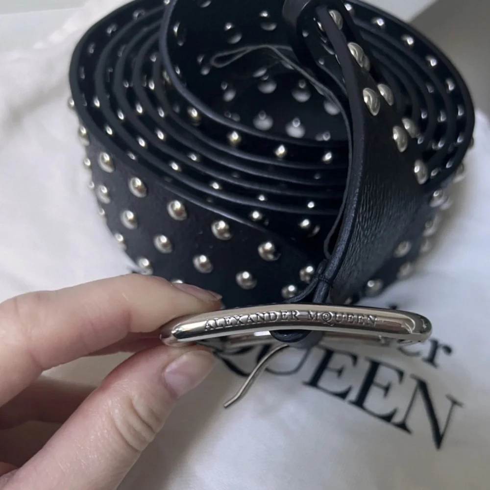 ALEXANDER McQUEEN Black Silver Studded Leather Belt Extra Long NEW RARE! 32 80 - Picture 3 of 6